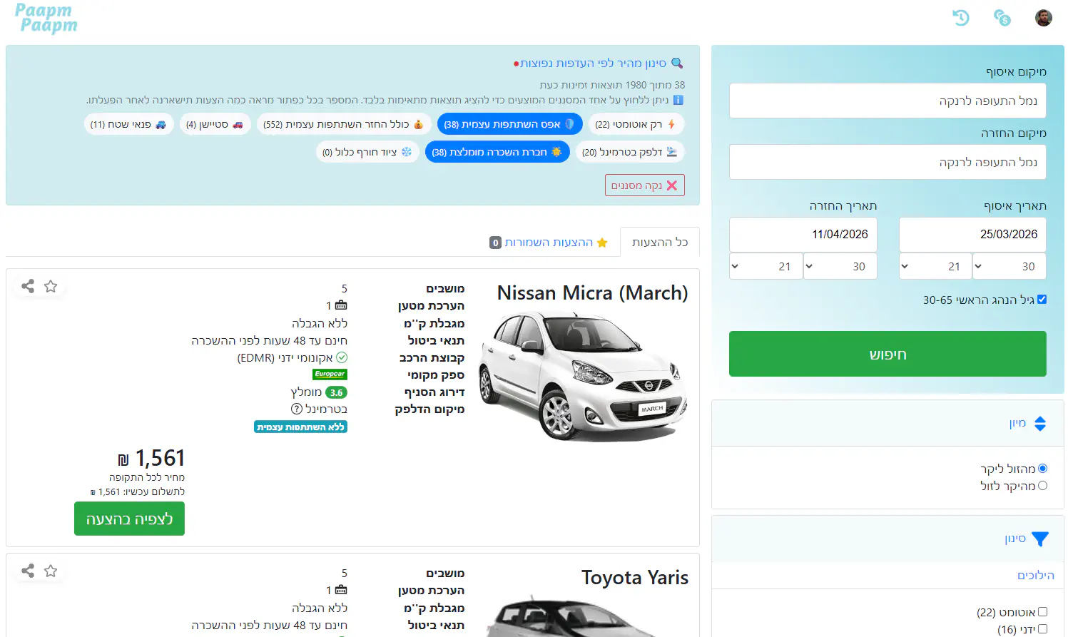 צילום מסך של תוצאות חיפוש רכב דרך פאפם פאפם לשבועיים וחצי בפסח הקרוב כאשר מופעל סינון להצגת סניפי השכרה מומלצים בלבד וביטוח ביטול השתתפות עצמית כך שמיד מקבלים רק 38 הצעות מתוך 1,980 הצעות הזמינות. זה ממחיש כמה משמעותית יכולת הסינון של פאפם פאפם לקיצור תהליך החיפוש ולמציאת הרכב המתאים ביותר לכל מטייל.