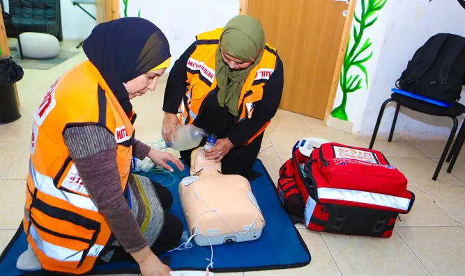 Two newly trained Bedouin women perform CPR o a mannequin
