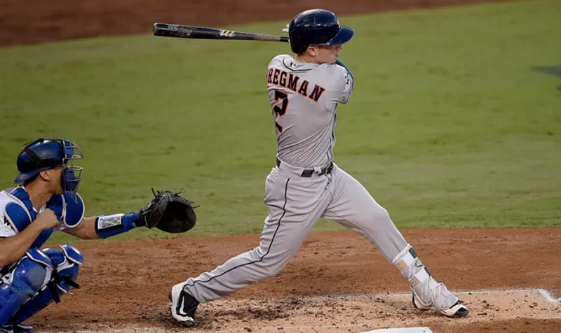 Alex Bregman swings against the Los Angeles Dodgers in Game 2 of the 2017 World Series at Dodger Stadium.