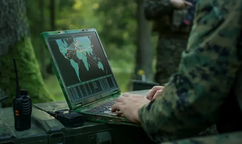 Military grade laptop targeting enemy with satellite