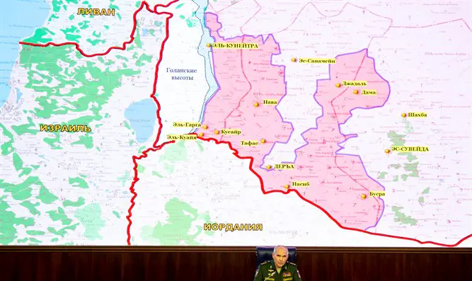 Chief of Main Operational Directorate, General Staff, Russian Armed Forces Lieutenant General Sergei Rudskoi speaks during news briefing with map showing territory of Israel, Jordan, Lebanon and Syria seen in the background, in Moscow, Russia August 2, 2018.