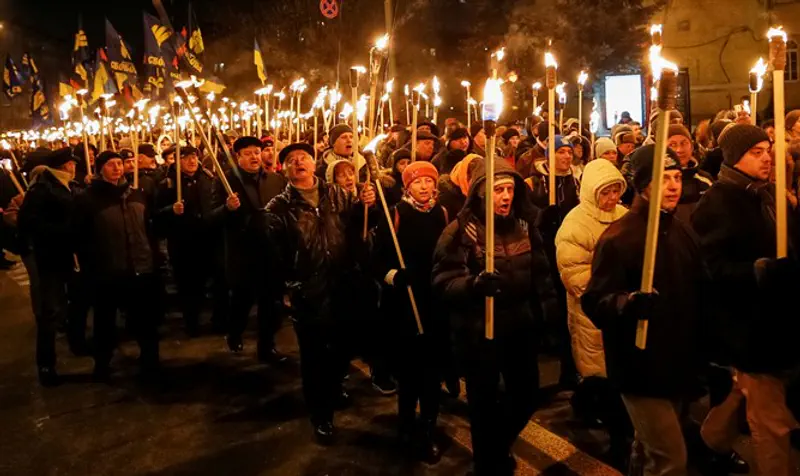 Svoboda Ukrainian nationalist party marches to honor students who died in battle defending Kiev from Bolsheviks in 1918