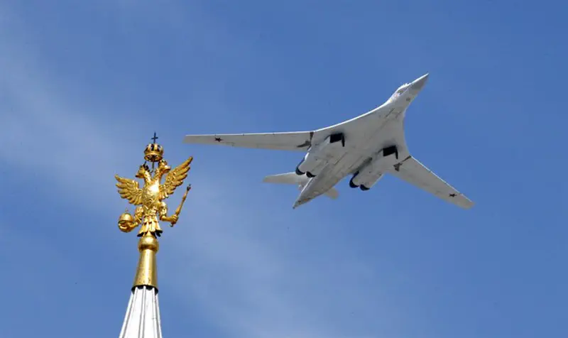 Tu-160 heavy strategic bomber flies during Victory Day parade above Red Square
