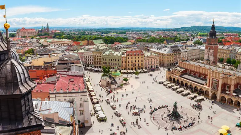 Aerial view of the central square and Sukiennice in Krakow, Poland