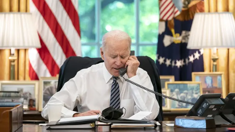 US President Joe Biden speaking on the phone