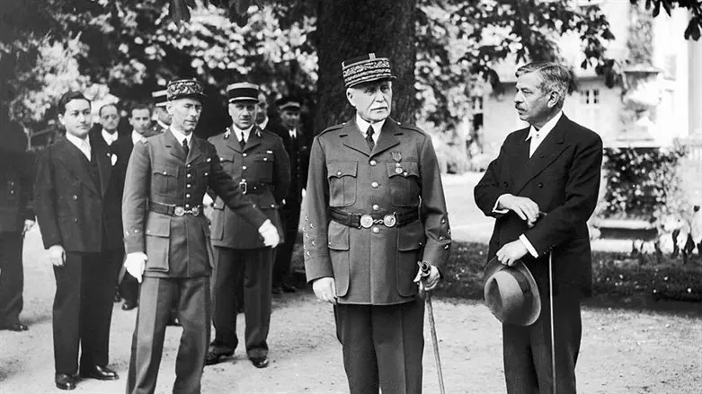 Marshal Philippe Pétain and Pierre Laval in the park of Sevigne Pavillion in Vichy, France