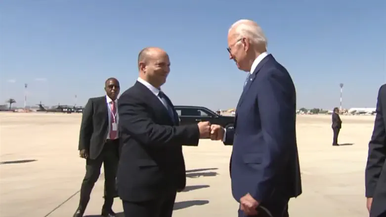 Pres. Biden fist-bumps former PM Bennett upon arriving in Israel