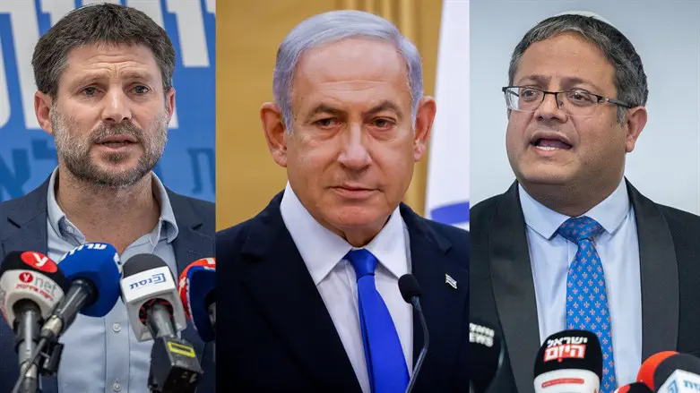 (R. to l.) Itamar Ben-Gvir, Benjamin Netanyahu, Bezalel Smotrich