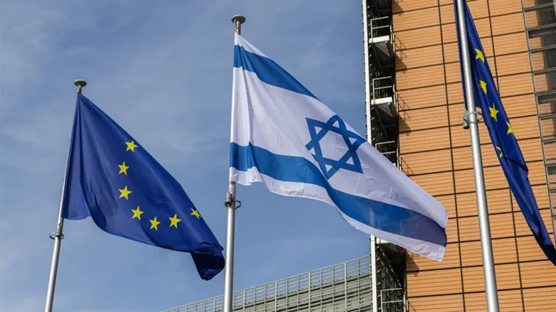 An Israeli flag flies outside the EU building last month