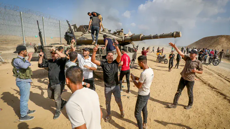 Terrorists on a tank near the Gaza border on October 7th