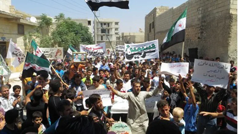 Demonstrators hold Syrian opposition flags du