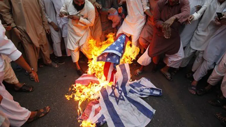 terrorists burn Israeli, American flags