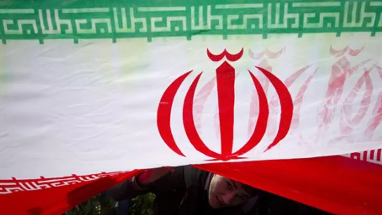 A demonstrator peeks from under an Iranian fl