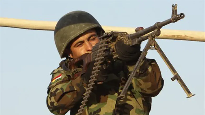 A member of Kurdish Peshmerga forces takes ai