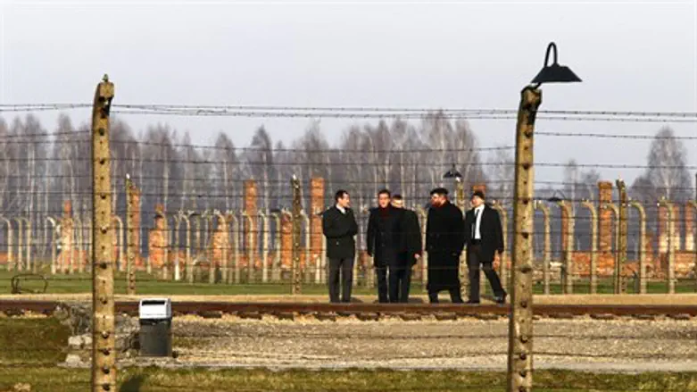 David Cameron stands next to train tracks at Auschwitz