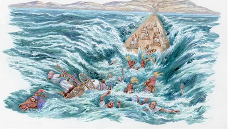Red Sea covering Egyptian army's chariots and horsemen (illustration)