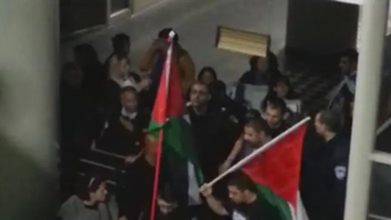 דגלי אש"ף בלב חיפה בהפגנת תומכי ההצגה