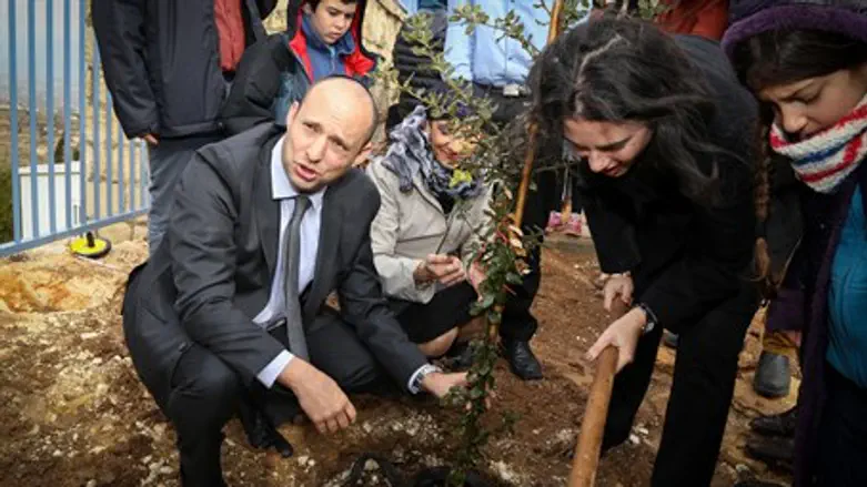 Israeli Minister of Education Naftali Bennett and minister of Justice Ayelet Shaked plant 
