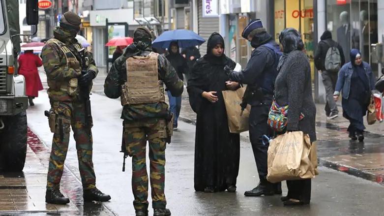 Belgian soldiers and armed police patrol central Brussels (file image)