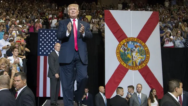 Trump at a rally at the Veterans Memorial Arena in Jacksonville, Fla