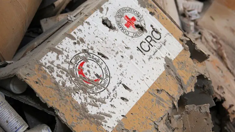 Damaged Red Cross and Red Crescent medical supplies after airstrike in Aleppo
