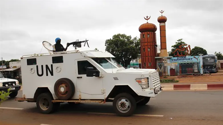 UN vehicle patrols street in Bamako, Mali