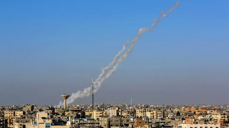 Rocket launch from Rafah in southern Gaza Strip towards Israel