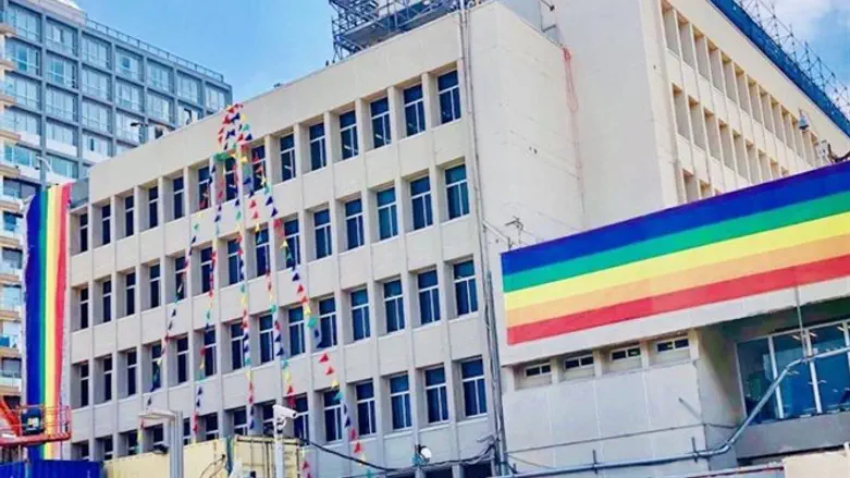 US Embassy branch office in Tel Aviv seen with pride color flags, June 13, 2019