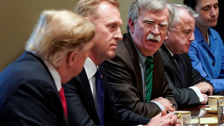 Secretary of Defense Patrick Shanahan flanked by Trump and John Bolton
