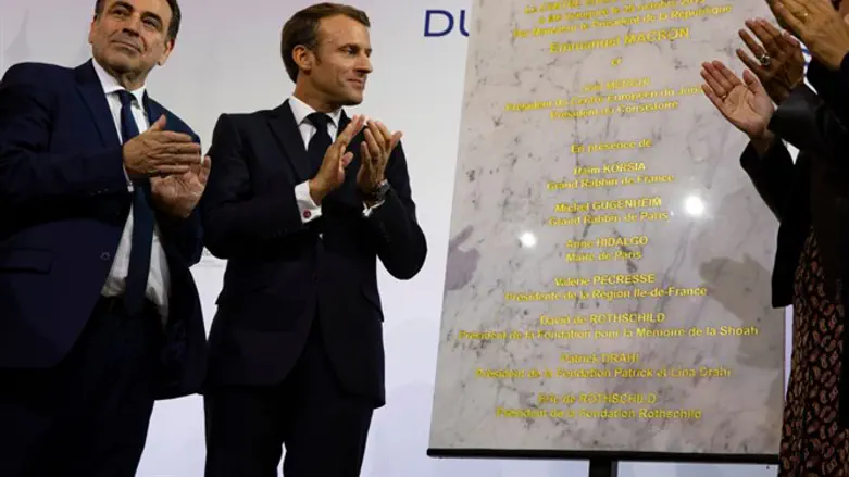 Consistoire President Joel Mergui, left, and French President Emmanuel Macron
