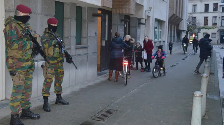 Soldiers standing guard outside Jewish schools in the port city of Antwerp, Belg