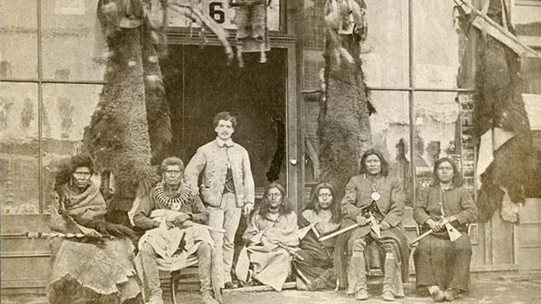 Julius Meyer and native Americans outside his Indian  Wigwam store