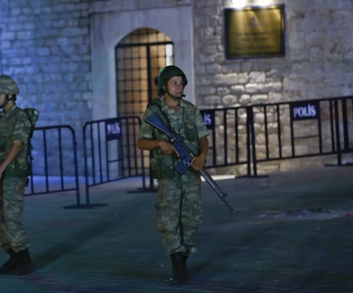 Turkish military stand guard near the Taksim Square in Istanbul