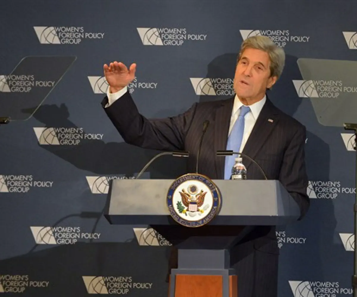 Kerry delivering remarks at the Women's Foreign Policy Group Conference in Washington, DC