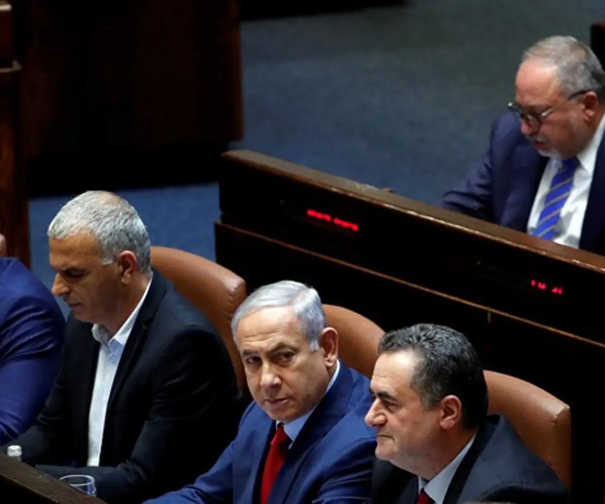 Binyamin Netanyahu in Knesset with Moshe Kahlon, Yisrael Katz, and Gilad Erdan