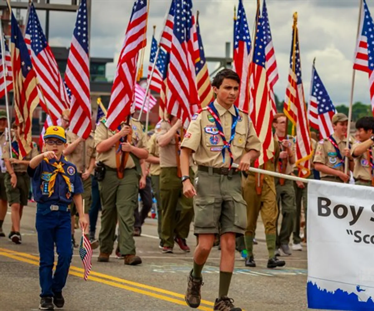 Boy Scouts of America in the Grand Floral Parade, during Portland Rose Festival