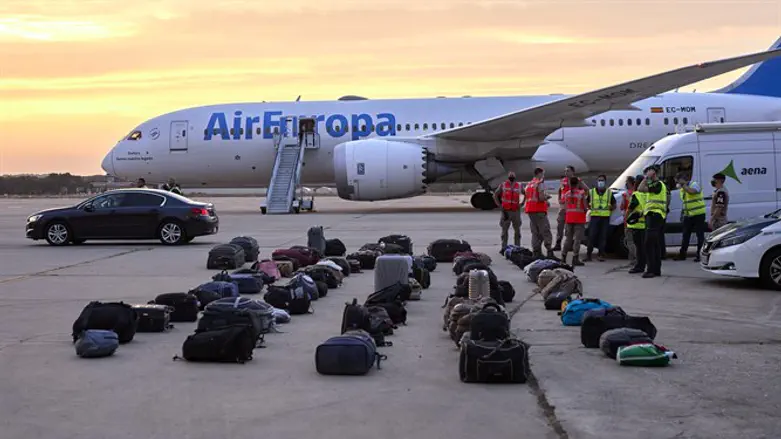 Afghan refugees' luggage sits at the Torrejon de Ardoz air base in Madrid, Spain