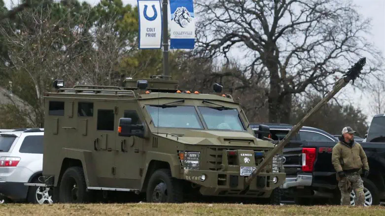 Armored law enforcement vehicle outside Texas synagogue during hostage crisis