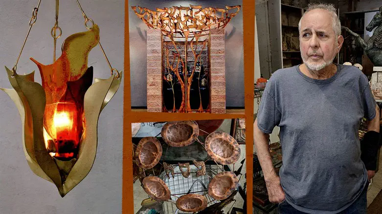 Artist and welder David Klass with examples of his Judaica.