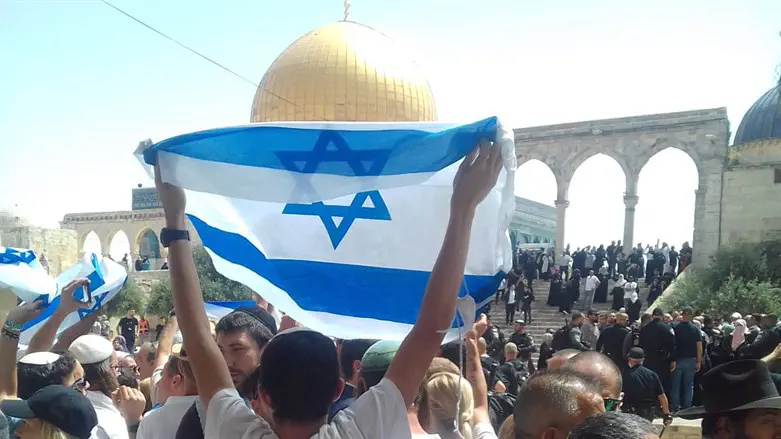 Jewish visitor to the Temple Mount brandishes an Israeli flag earlier this year