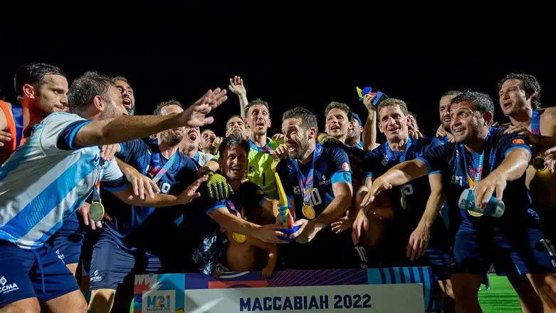 Argentina's 35-plus soccer squad celebrates winning gold at the Maccabiah Games in Israel.