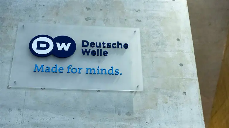 The Deutsche Welle logo is seen on the foyer of the German broadcaster's Berlin location