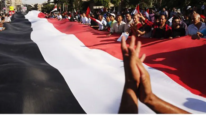 Anti-Morsi protesters hold a large Egyptian f
