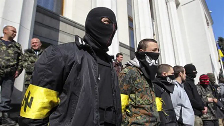 Far-right Right Sector activists outside Ukra