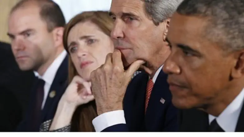 Ben Rhodes at left, Power, Kerry, Obama.