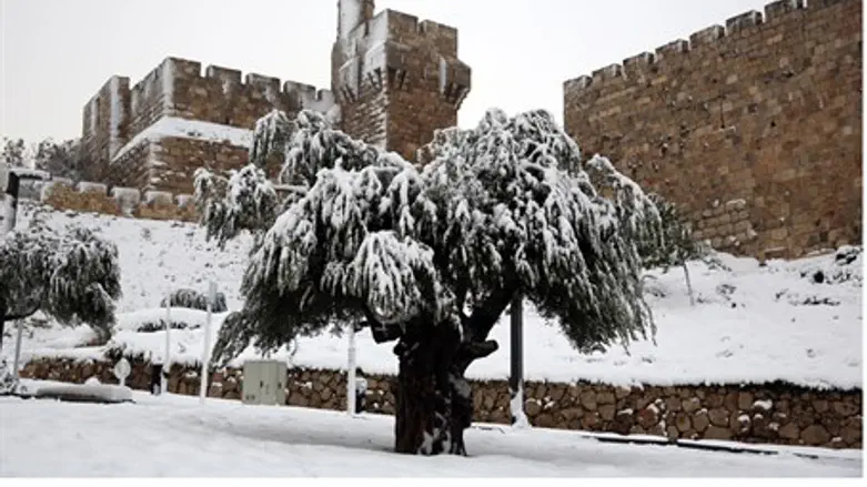 Tower of David in Jerusalem snowstorm