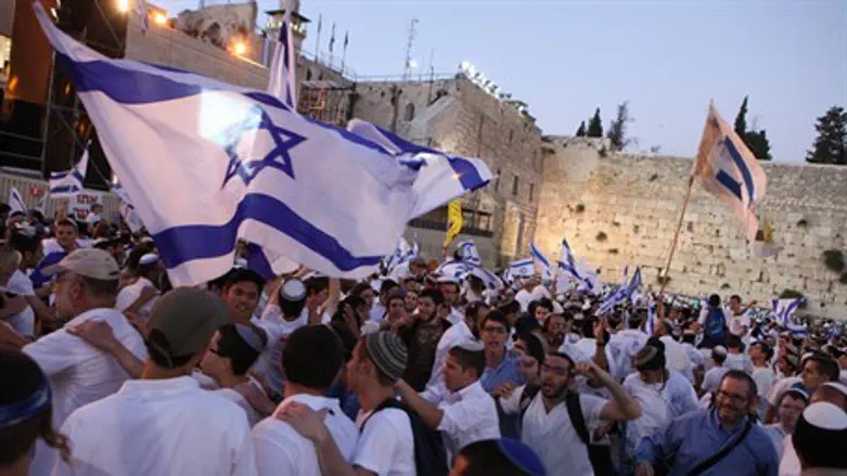 Israeli flags at the Western Wall in Jerusalem