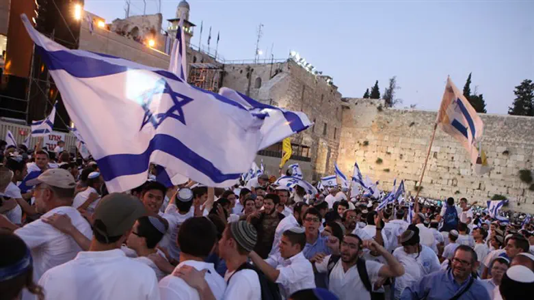 Israeli flags at the Western Wall in Jerusalem