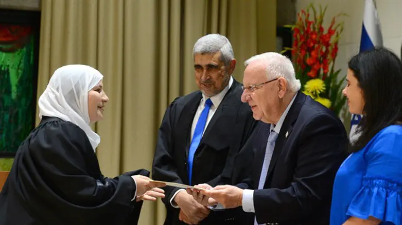 Justice Minister Ayelet Shaked, President Reuven Rivlin, and President of Shariya Court of