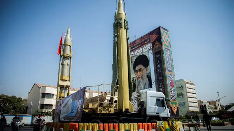 display featuring missiles and a portrait of Iran's Supreme Leader Ayatollah Ali Khamenei